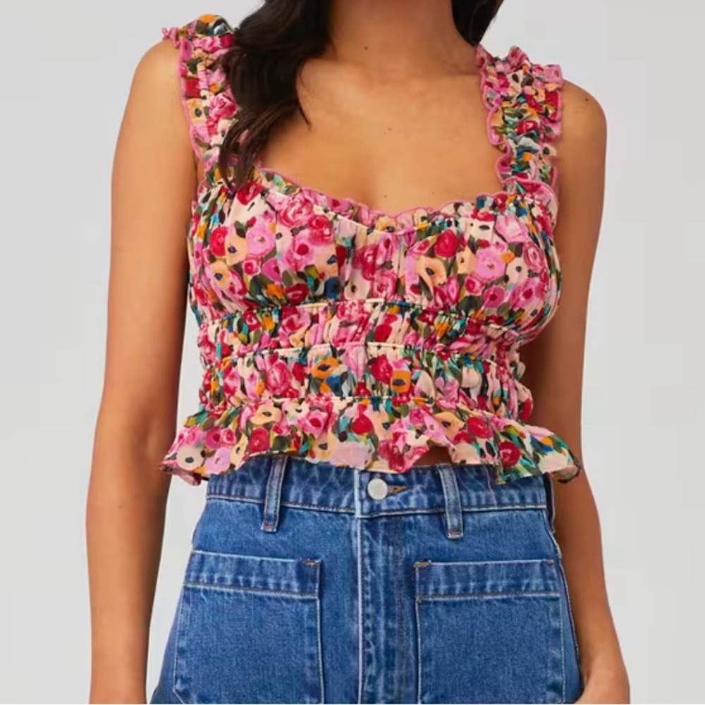 ASTR The Label Pink Floral Cropped Top w/ Ruffles Women’s Large